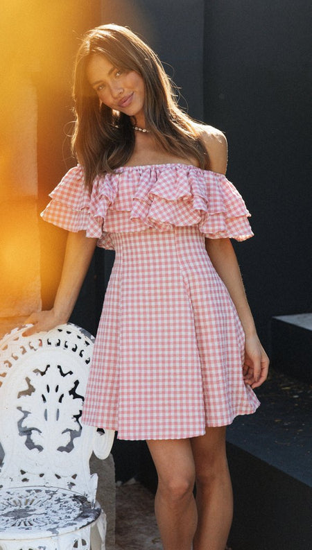 Olivia Off Shoulder Mini Dress - three-quarter shot, pink and white gingham - Miss Mosa By Akanksha