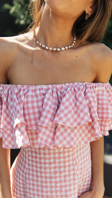 Olivia Off Shoulder Mini Dress - neckline close-up shot, pink and white gingham - Miss Mosa By Akanksha