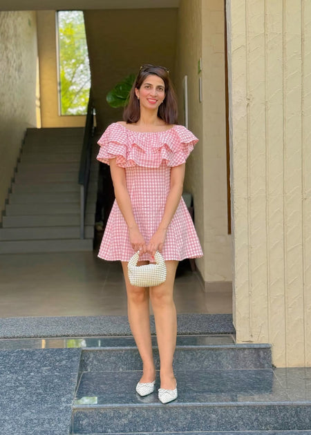 Olivia Off Shoulder Mini Dress - full-length shot, pink and white gingham - Miss Mosa By Akanksha