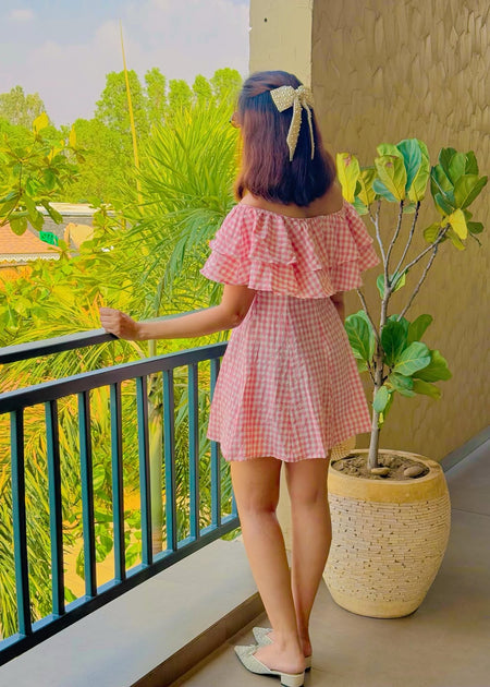 Olivia Off Shoulder Mini Dress - back shot, pink and white gingham - Miss Mosa By Akanksha