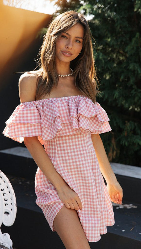 Olivia Off Shoulder Mini Dress - three-quarter shot, pink and white gingham - Miss Mosa By Akanksha