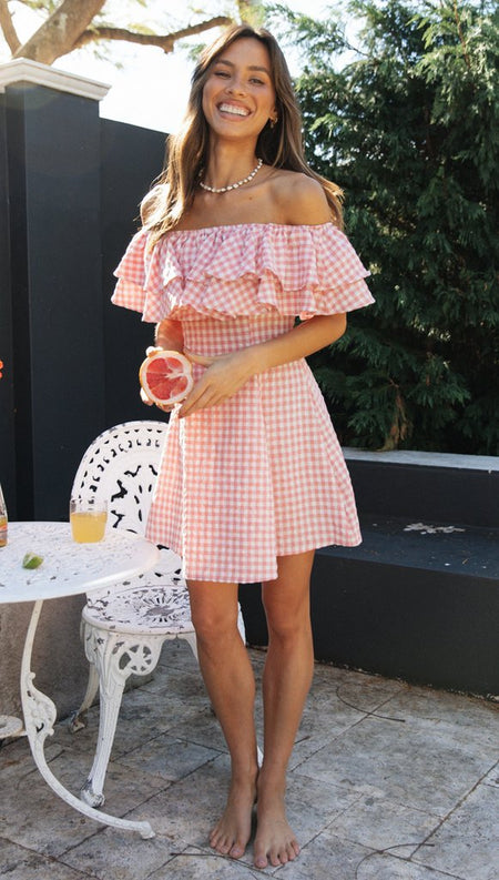 Olivia Off Shoulder Mini Dress - front shot, pink and white gingham - Miss Mosa By Akanksha