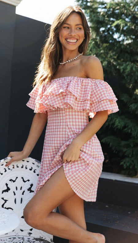 Olivia Off Shoulder Mini Dress - side shot, pink and white gingham - Miss Mosa By Akanksha