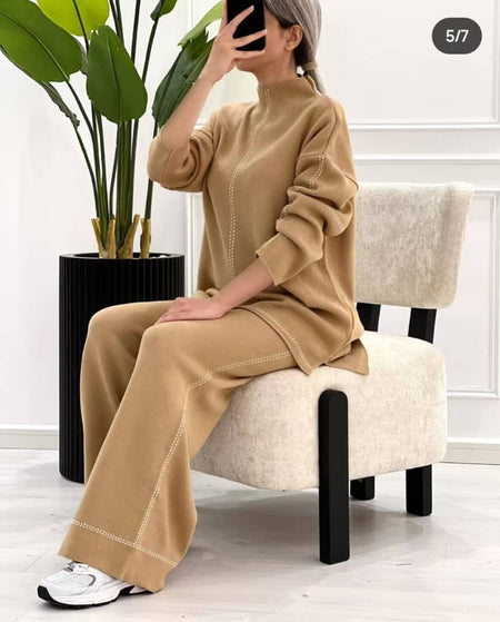 Olly Luxe Winter Coord - Tracksuit - side shot on model seated, camel - Miss Mosa By Akanksha