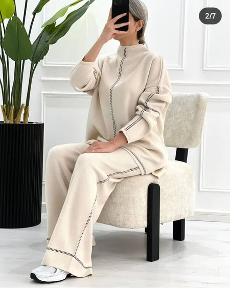 Olly Luxe Winter Coord - Tracksuit - side shot on model seated, cream - Miss Mosa By Akanksha