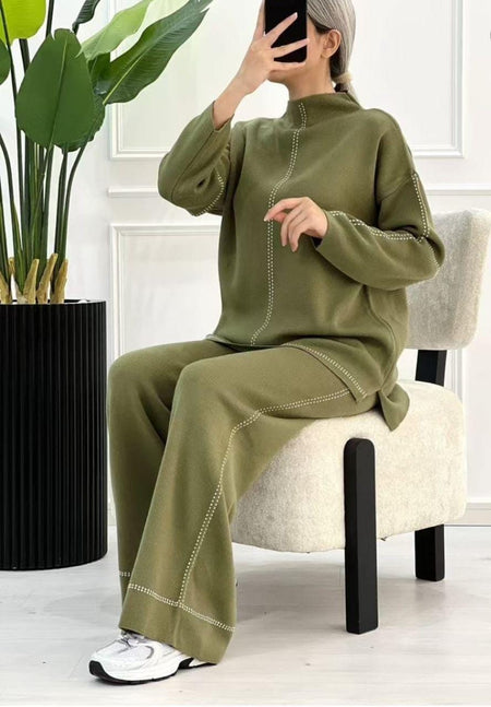 Olly Luxe Winter Coord - Tracksuit - side shot on model seated, olive - Miss Mosa By Akanksha