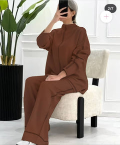 Olly Luxe Winter Coord - Tracksuit - side shot on model seated, brown - Miss Mosa By Akanksha