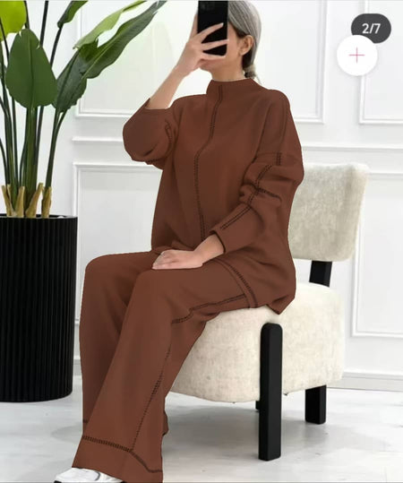 Olly Luxe Winter Coord - Tracksuit - side shot on model seated, brown - Miss Mosa By Akanksha