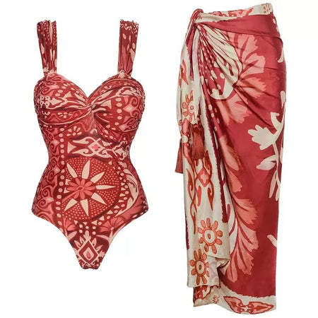 Opaline Printed Swimsuit With Sarong - flat-lay shot, red and cream print - Miss Mosa By Akanksha
