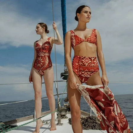 Opaline Printed Swimsuit With Sarong - styled shot, red and cream print - Miss Mosa By Akanksha