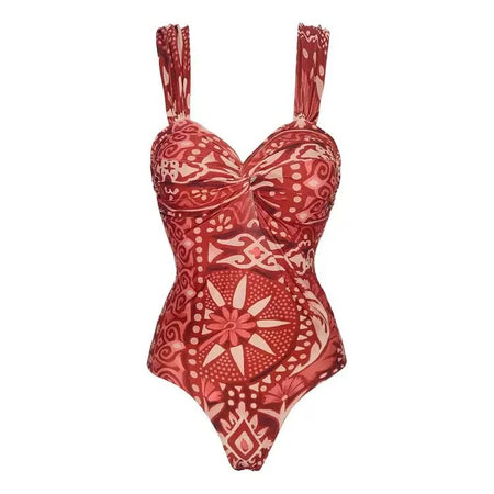 Opaline Printed Swimsuit With Sarong - flat-lay shot, red and cream print - Miss Mosa By Akanksha