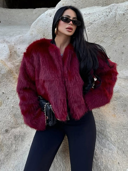 Ophelie Luxe Fur Cape - three-quarter front shot, burgundy - Miss Mosa By Akanksha