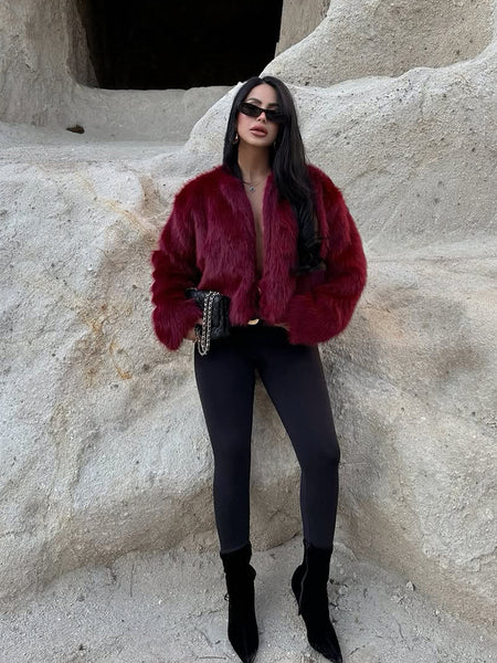 Ophelie Luxe Fur Cape - full-length front shot, burgundy - Miss Mosa By Akanksha