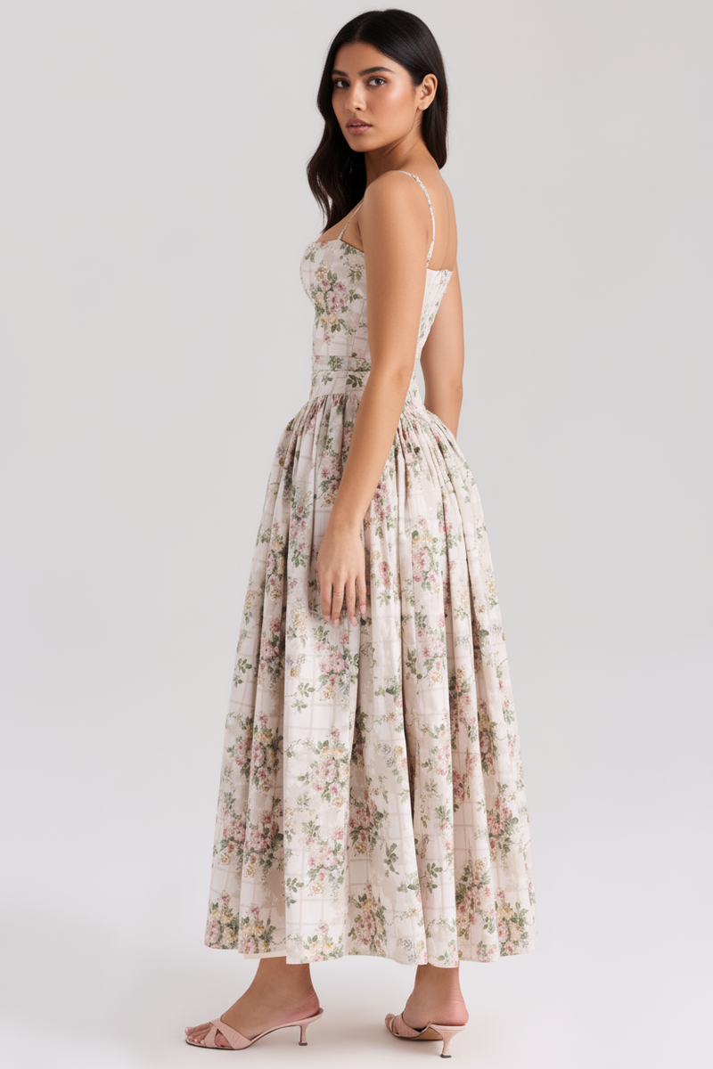 Orchid Luxe Floral Midi Dress In Off Beige