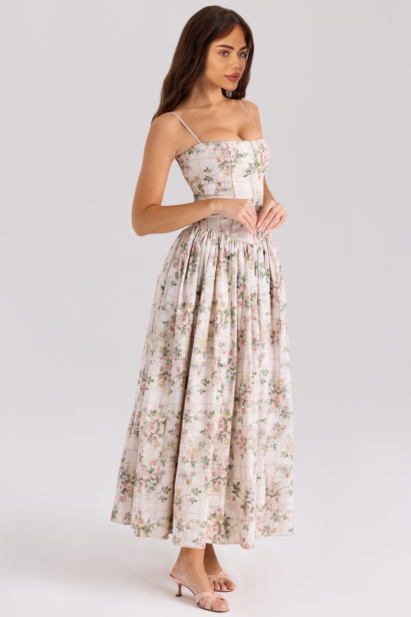 Orchid Luxe Floral Midi Dress In Off Beige