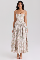 Orchid Luxe Floral Midi Dress In Off Beige