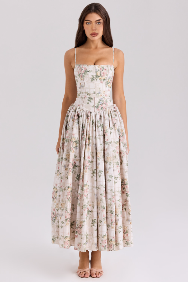 Orchid Luxe Floral Midi Dress In Off Beige