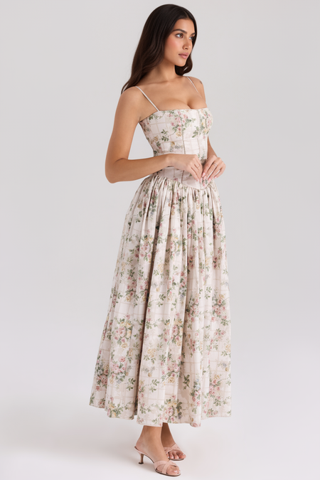 Orchid Luxe Floral Midi Dress In Off Beige - side shot on model - Miss Mosa By Akanksha