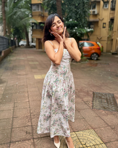 Orchid Luxe Floral Midi Dress In Off Beige - full-length front shot on model outdoors - Miss Mosa By Akanksha