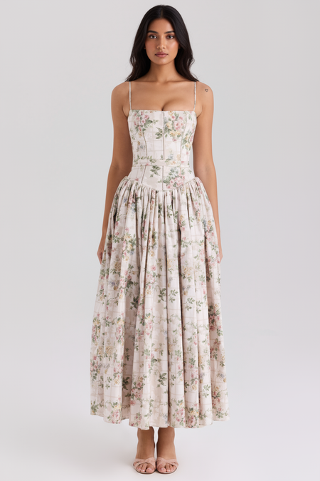 Orchid Luxe Floral Midi Dress In Off Beige - back shot on model - Miss Mosa By Akanksha