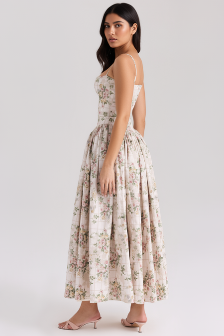 Orchid Luxe Floral Midi Dress In Off Beige - full-length front shot on model - Miss Mosa By Akanksha