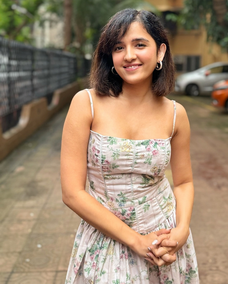 Orchid Luxe Floral Midi Dress In Off Beige - front shot on model outdoors - Miss Mosa By Akanksha