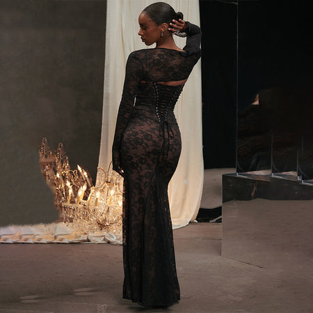 Oree Statement Bodycon Lace Dress In Black - back shot on model - Miss Mosa By Akanksha