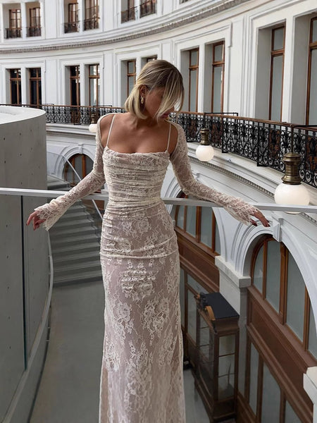 Oree Statement Bodycon Lace Dress In White - back shot on model - Miss Mosa By Akanksha