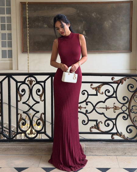 Orelia Knitted Maxi Dress - full-length shot on model, burgundy - Miss Mosa By Akanksha