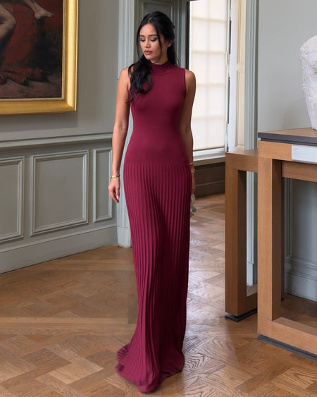 Orelia Knitted Maxi Dress - full-length shot on model, burgundy - Miss Mosa By Akanksha