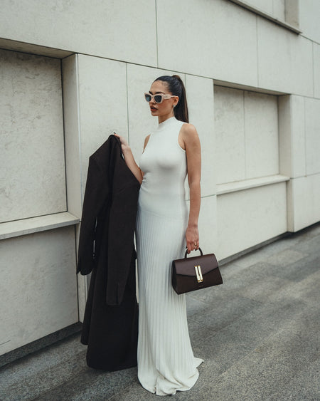 Orelia Knitted Maxi Dress - full-length shot on model, off-white - Miss Mosa By Akanksha