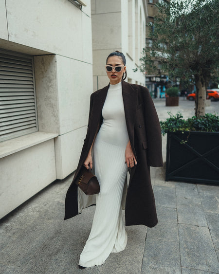 Orelia Knitted Maxi Dress - full-length shot on model, off-white - Miss Mosa By Akanksha