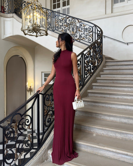 Orelia Knitted Maxi Dress - front shot on model, burgundy - Miss Mosa By Akanksha
