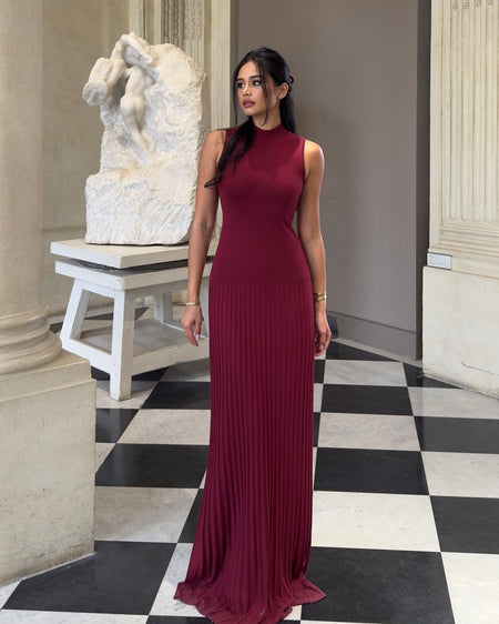 Orelia Knitted Maxi Dress - side shot on model, burgundy - Miss Mosa By Akanksha
