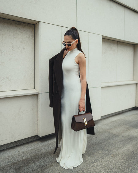 Orelia Knitted Maxi Dress - full-length shot on model, off-white - Miss Mosa By Akanksha