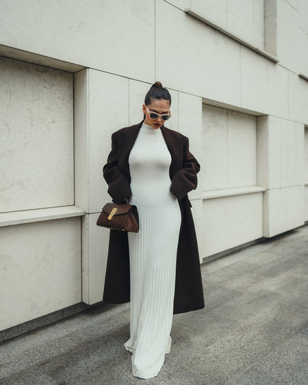 Orelia Knitted Maxi Dress - full-length shot on model, off-white - Miss Mosa By Akanksha