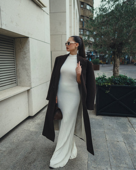 Orelia Knitted Maxi Dress - full-length shot on model, off-white - Miss Mosa By Akanksha