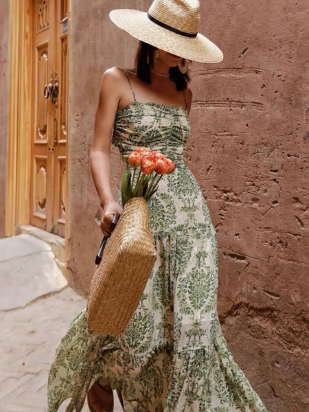 Oriana Summer Holiday Dress - styling shot on model outdoors, green and cream - Miss Mosa By Akanksha