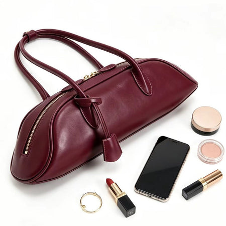 Orion PU Shoulder Bag - styled flat lay with accessories, burgundy - Miss Mosa By Akanksha