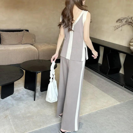 Orion Ribbed Summer Coord Set - back shot on model, grey and white - Miss Mosa By Akanksha