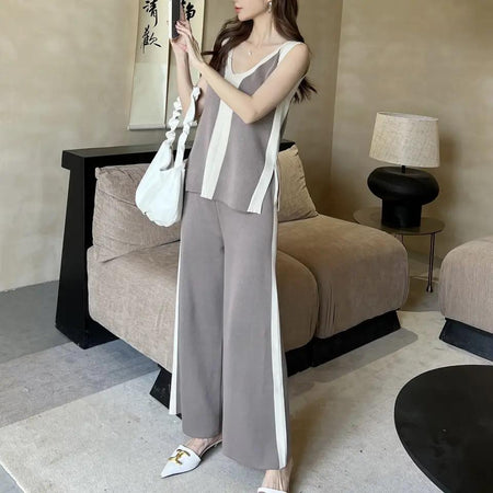 Orion Ribbed Summer Coord Set - full-length front shot on model, grey and white - Miss Mosa By Akanksha