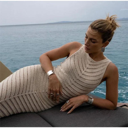 Orit Luxe Soft Knit Dress- Resortwear - side shot on model outdoors, cream - Miss Mosa By Akanksha