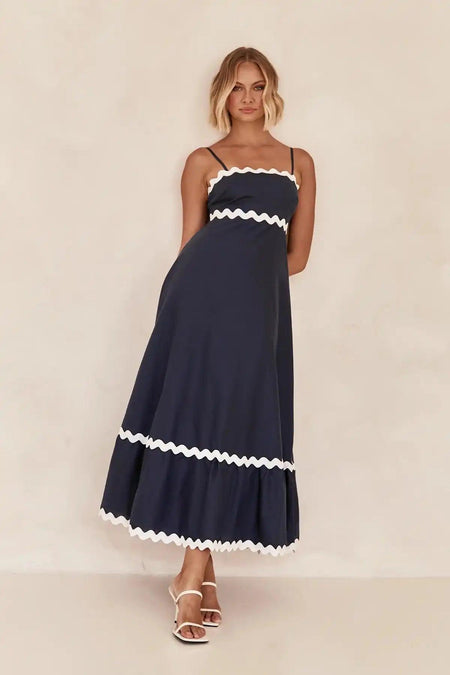 Orlando Holiday Midi Dress - full-length shot on model, navy - Miss Mosa By Akanksha