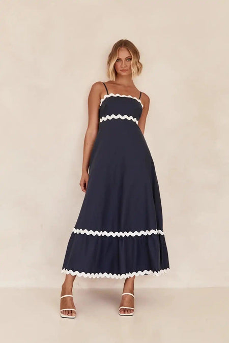 Orlando Holiday Midi Dress - full-length shot on model, navy - Miss Mosa By Akanksha