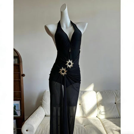 Orlane 1Pc Swimsuit With Skirt - full-length front shot, black with gold sun trim - Miss Mosa By Akanksha