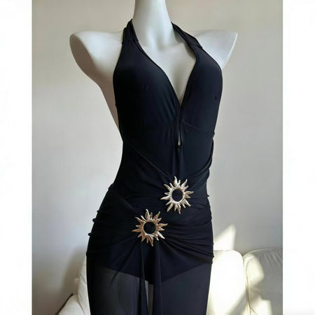 Orlane 1Pc Swimsuit With Skirt - front detail shot, black with gold sun trim - Miss Mosa By Akanksha