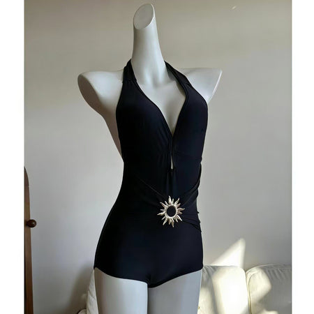Orlane 1Pc Swimsuit With Skirt - front shot, black with gold sun trim - Miss Mosa By Akanksha