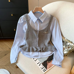 Orlane Two Piece Shirt & Knit Vest Set - flat-lay product shot of shirt and knit vest, light blue and grey - Miss Mosa By Akanksha