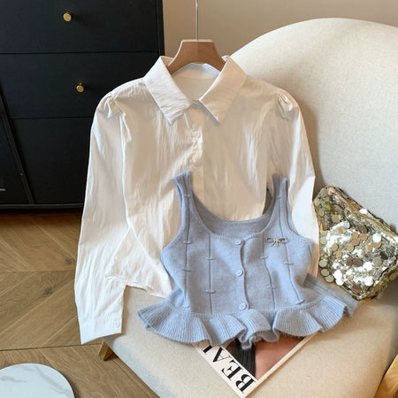 Orlane Two Piece Shirt & Knit Vest Set - back flat-lay product shot of shirt and knit vest, light blue and grey - Miss Mosa By Akanksha