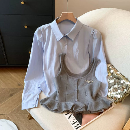 Orlane Two Piece Shirt & Knit Vest Set - close-up of fabric detail, light blue and grey - Miss Mosa By Akanksha